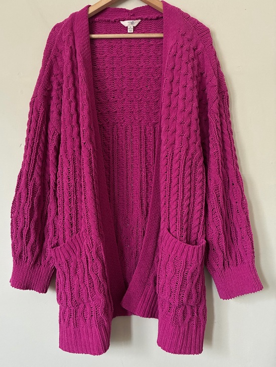 Terra & Sky Sweaters - Cottage Boho Terra & Sky 3X Magenta Pink Cable Knit Chenille Open Front Cardigan